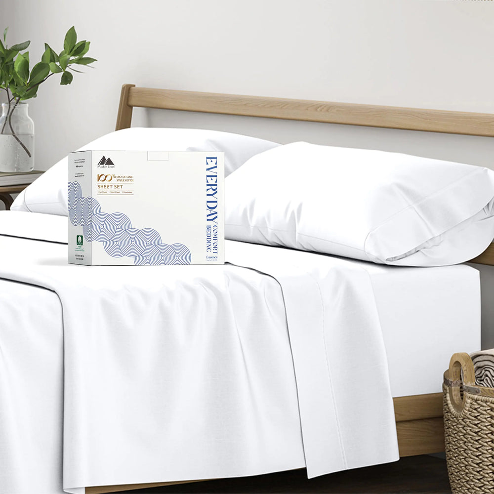 Mayfair Linen 100% Organic Cotton Percale Sheets California King Size - White Cotton Percale Sheets California King 4 PC Percale Sheets Calking Size Soft & Crisp Cooling Sheets 16" Deep Pocket